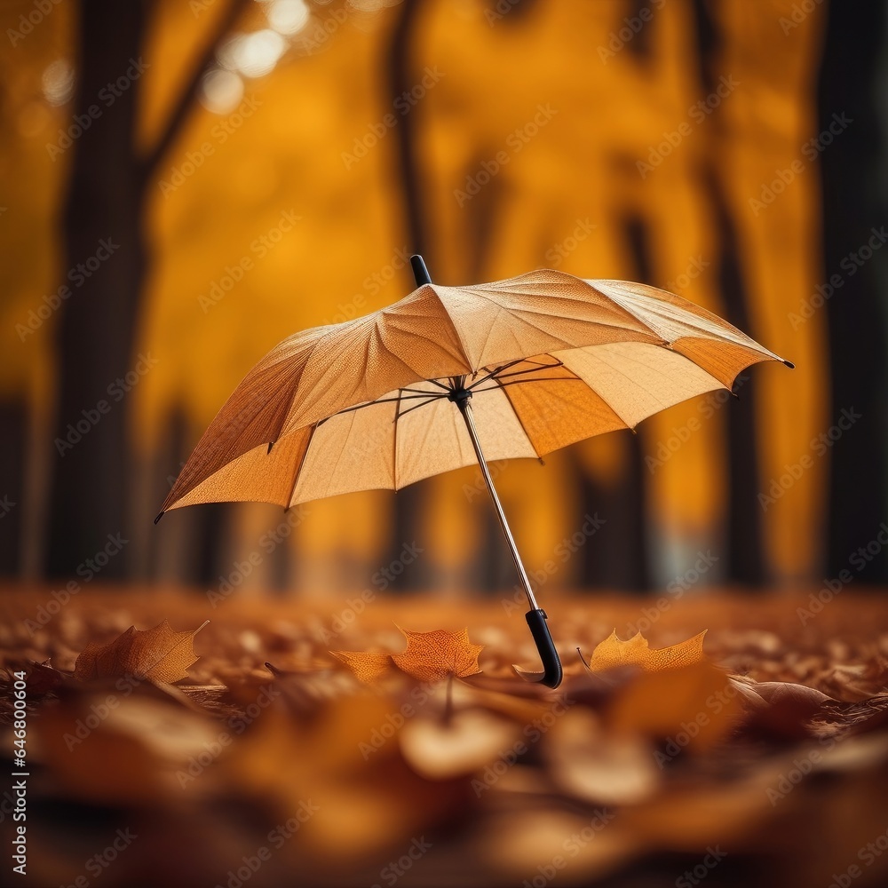 Yellow umbrella against the background of autumn leaves in the park.