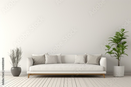 A sofa and decor displayed on a white background in a mockup of an interior living room wall. Generative AI © Sander