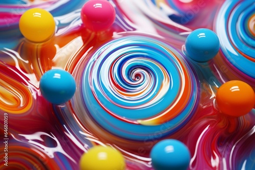 Vibrant candy swirls with glossy mixed paint create a close-up view, radiating depth of field. Generative AI © Sirius