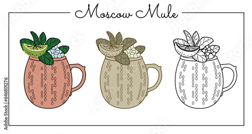Alcohol drinks line art illustration. Vector illustration Moscow Mule