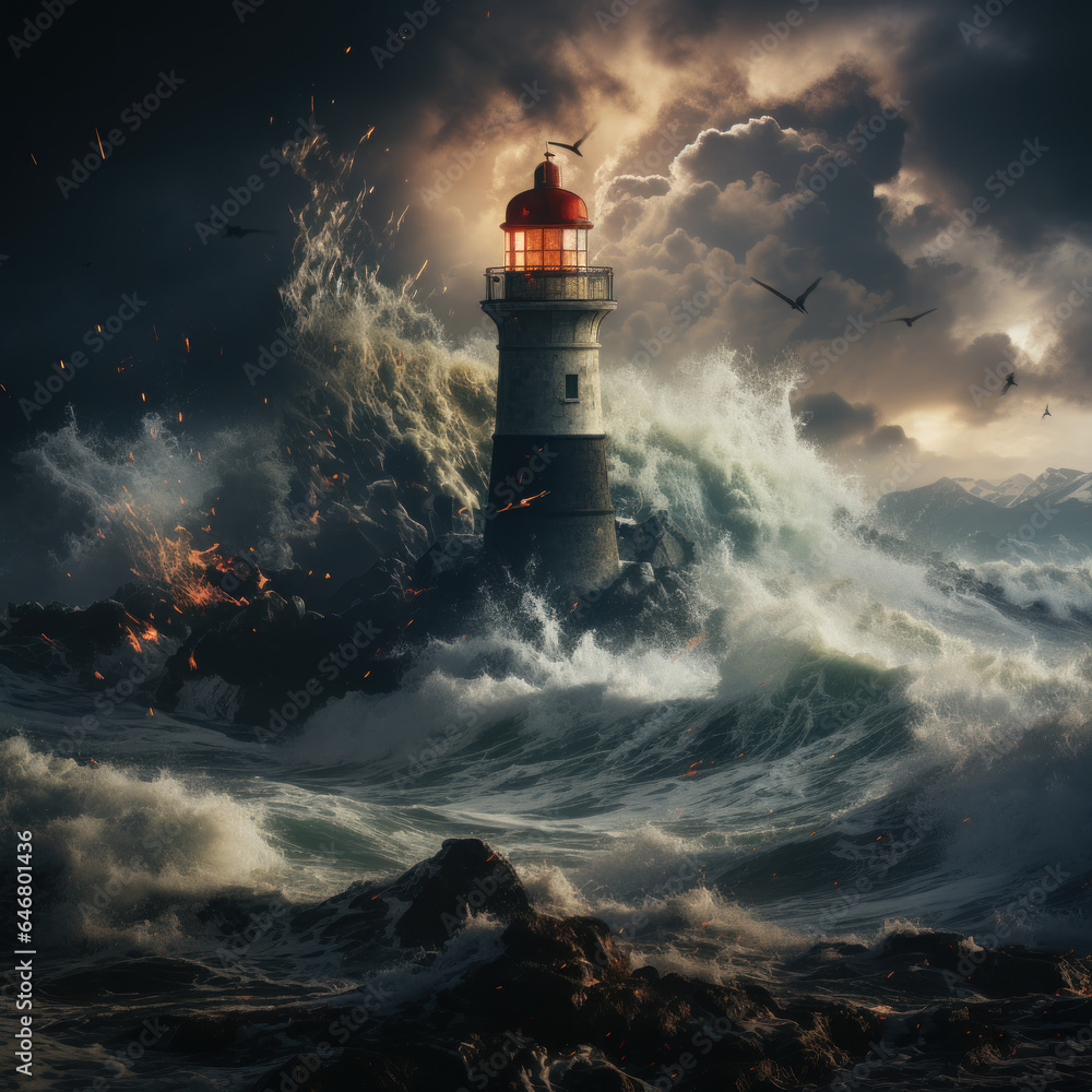  A lighthouse perched on a cliff overlooking a stormy
