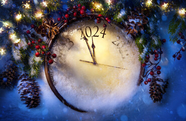 2024 Happy New Year; Christmas greeting card design background. Xmas holidays eve; Party poster, banner or invitation background with snow clocks and Christmas tree