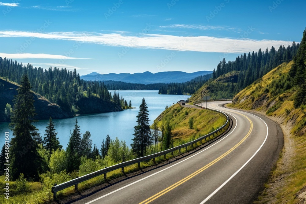 Beautiful lake view of winding Canadian road on sunny summer day. Located north of Prince George on John-Hart Highway, British Columbia. Generative AI - obrazy, fototapety, plakaty 