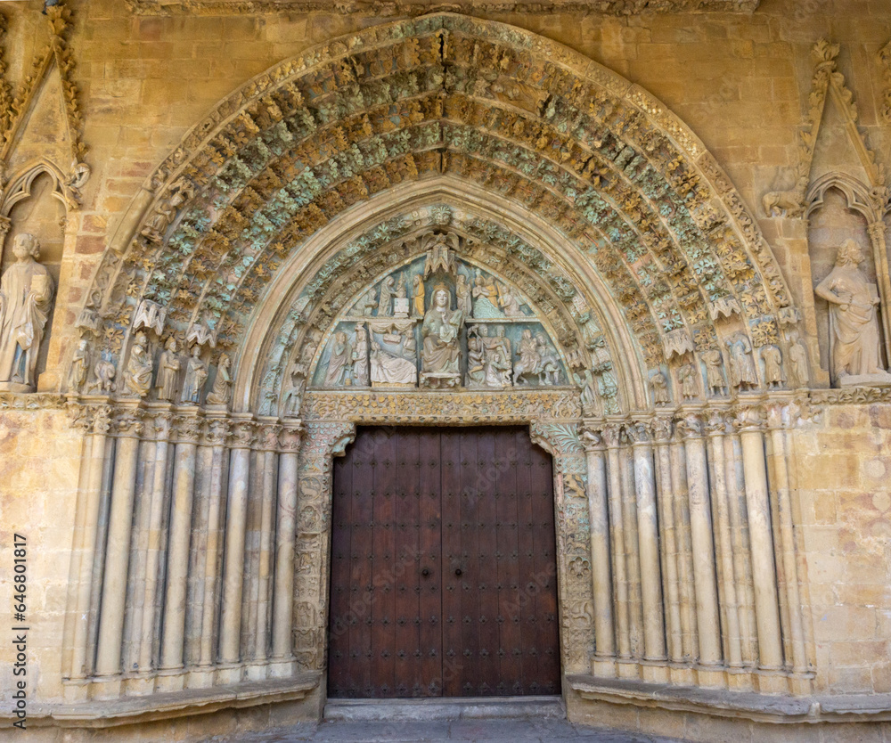 Detail of the impressive Gothic doorway of the Church of Santa María la Real. Olite, Navarre, Spain.