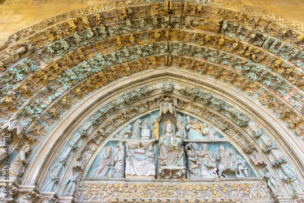 Detail of the tympanum and archivolts of the portico of the Church of Santa María la Real. Olite, Navarre, Spain