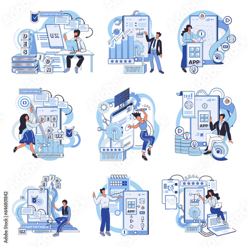Application testing metaphor. Vector illustration. Application testing, qualifying race before software chit users device App test, demo run that prepares app for its final race Software testing
