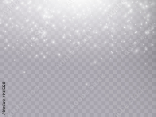 Heavy snowfall on transparent vector background.Christmas background overlay in the air with flying white snowflakes for New Year illustrations.