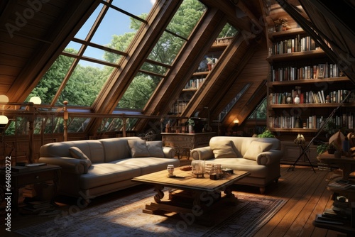 Elegant attic decorated as living room. Generative AI © itchaznong
