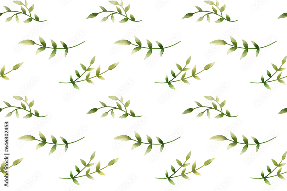 Leaves pattern, floral design on the white background. Digital watercolor
