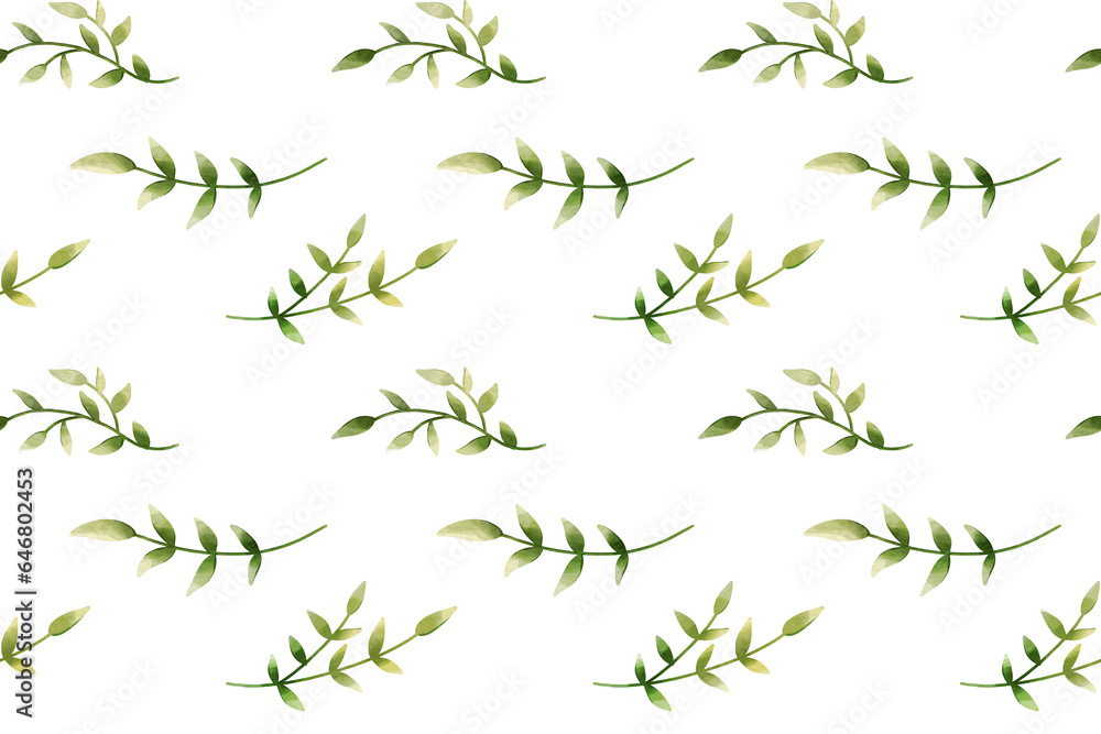 Leaves pattern, floral design on the white background. Digital watercolor