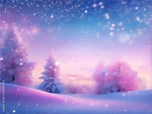 Winter landscape with snow covered trees. Christmas background. 