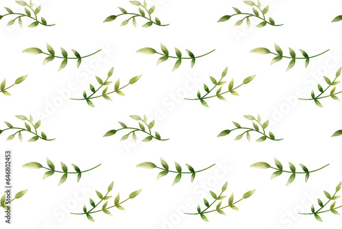 Leaves pattern, floral design on the white background. Digital watercolor