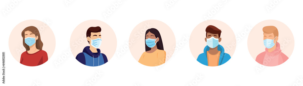 People avatars in medical masks. Flat design. Set of faces in medical masks. Vector illustration People avatars in medical masks. Flat design. Set of faces in medical masks. Vector illustration