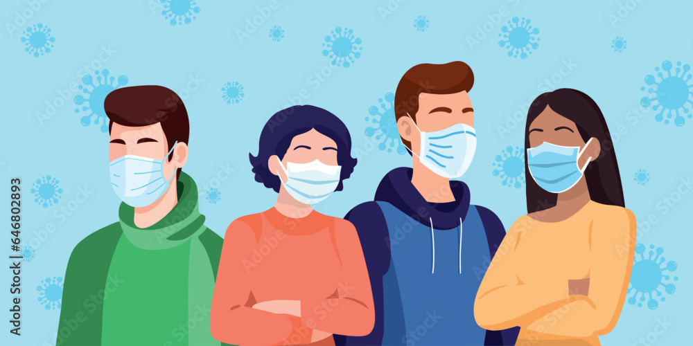 Group of people wearing medical masks to prevent illness, flu, covid in flat style. Vector illustration Group of people wearing medical masks to prevent illness, flu, covid in flat style. Vector illustration