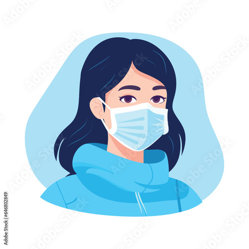 Cartoon portrait of a girl in a medical mask in a flat style, isolated. Virus protection. Vector illustration