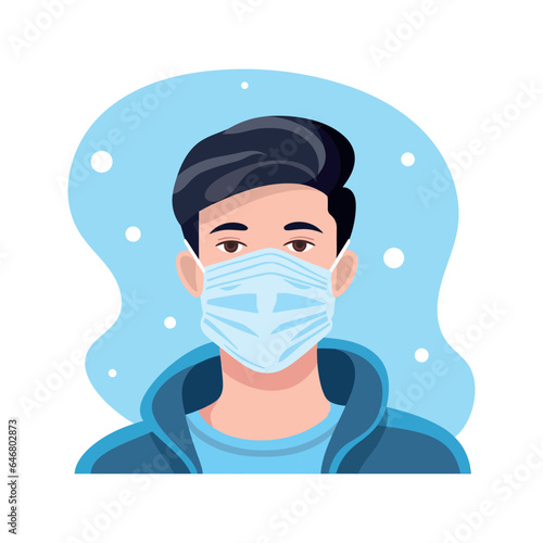 A young guy with a medical mask on his face. Flat cartoon style isolated. Vector illustration