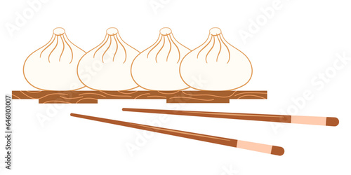 Steamed dumplings and sauce on white background. Isolated close up hand drawing vector illustration. . Vector illustration