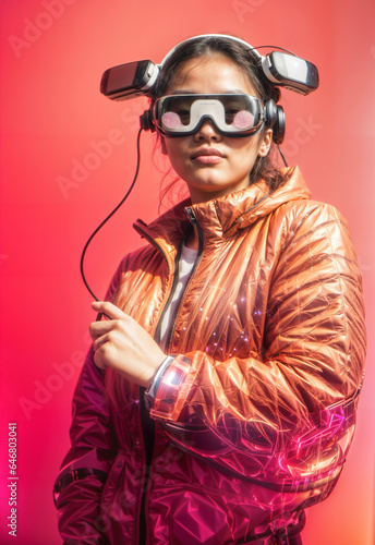 Metaverse Asian woman, girl in virtual reality headsets exploring VR world, Augmented reality, future technology, red background, Generative A.I,  ©  DigitalMerchant