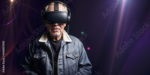 Metaverse man, elderly man in virtual reality headsets overcoming limitations with the help of VR, augmented reality, future technology, elders of tomorrow, Generative A.I,