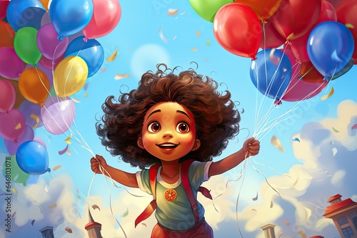 little child play with colorful balloons illustration