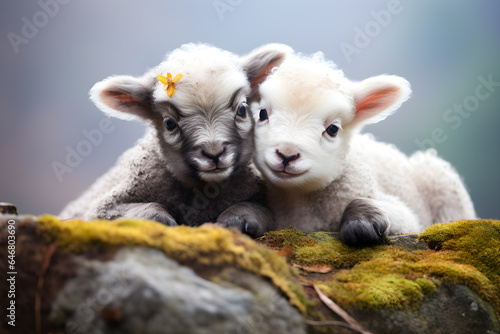 Cute Baby Sheep Cuddling in a Meadow