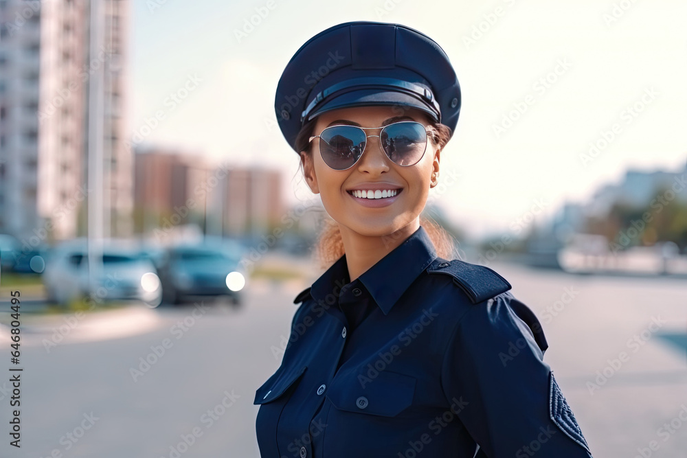 Confident and beautiful policewoman in professional uniform standing on the street in the city. Confident and beautiful policewoman in professional uniform standing on the street in the city.