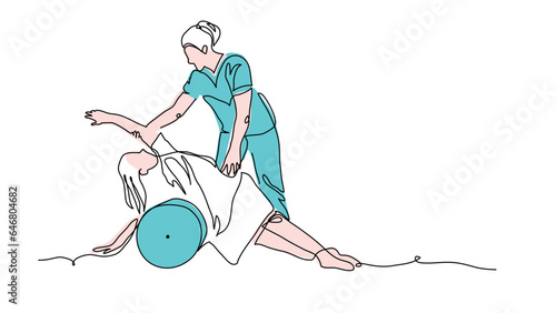 Physiotherapy treatment vector illustration. Spine, back rehabilitation therapy. One continuous line art drawing physiotherapy treatment