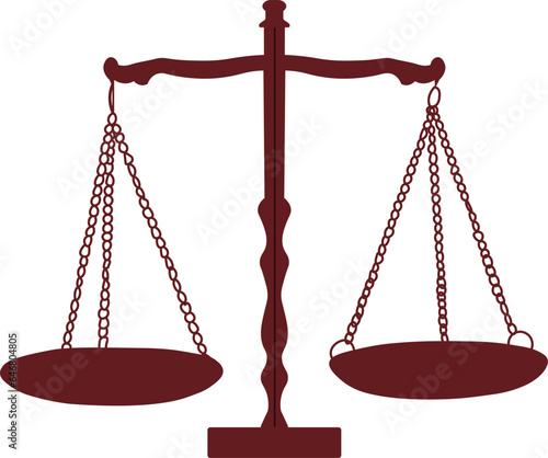 Balance scales red icon. Judge scale silhouette image, trading weight and law court symbol vector illustration, black truth balancing elements on white background red front