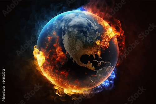 Earth in fire and smoke. Earth planet burning in fire and smoke on dark background. The concept of harm to nature. Taking care of the planet. 3D Digital illustration