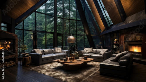 Beautiful rustic cottage with wooden walls and ceilings. Big window with vue on forest on a rainy day. Scandinavian interior design. Brown leather sofa and grey couch