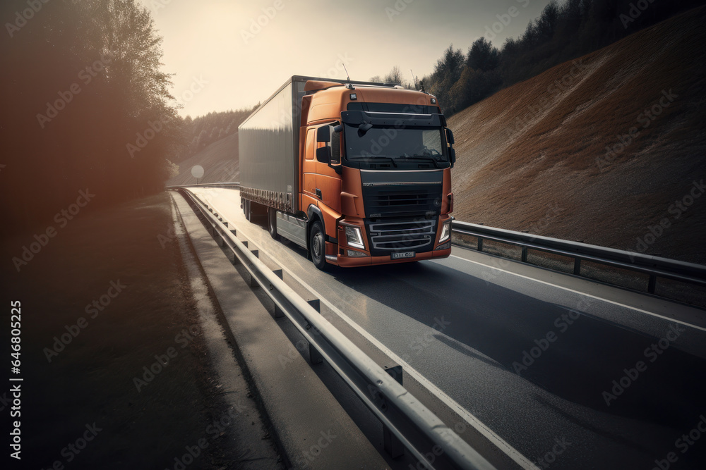 An orange and yellow sky behind a semi truck hauling freight on a long highway a picture of efficiency and speed. AI Generative.