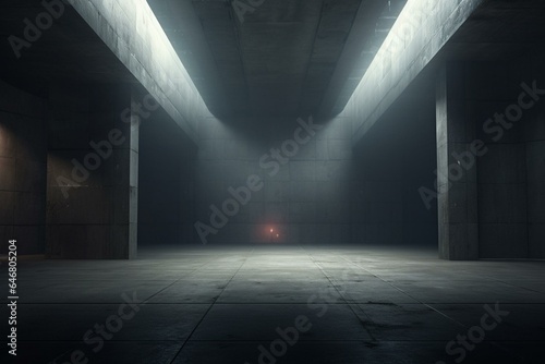 Atmospheric, hazy space with cool concrete ambiance, moody illumination, and faint background. Generative AI