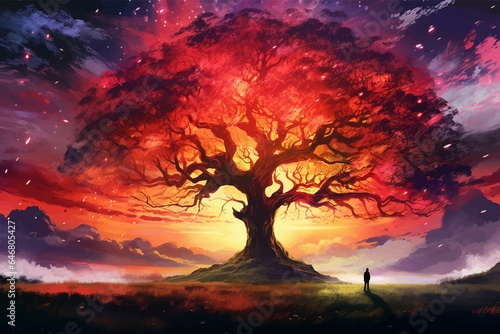 Man and magic old tree. Fantasy landscape with a magic tree and a man standing on a hill. Silhouette of a man on the background of a big tree. Sunset scene. Sunrise. Fairy tale. Vector illustration