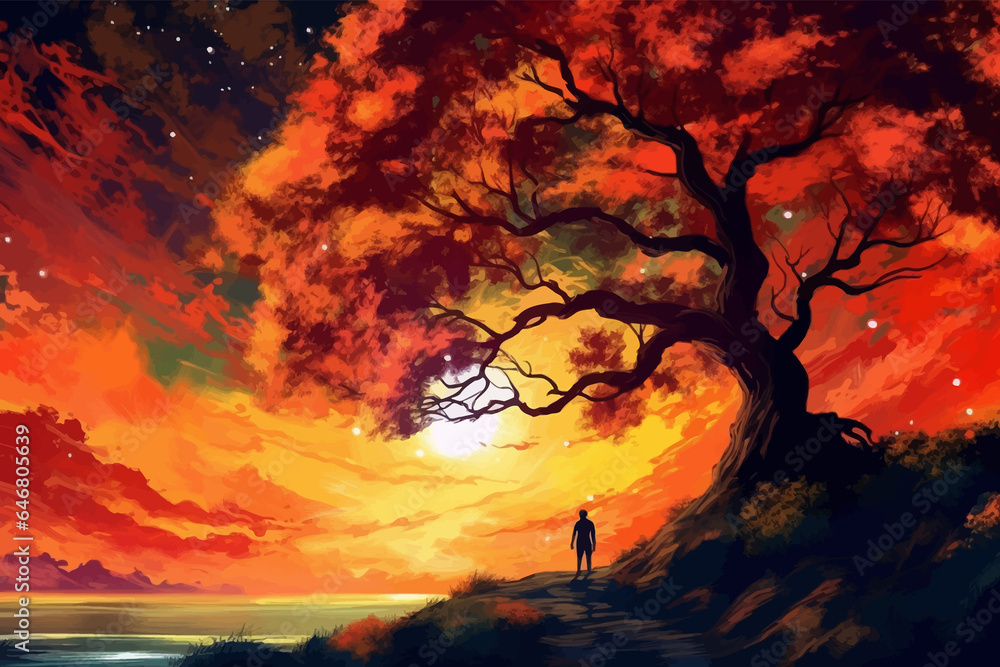 Man and magic old tree. Fantasy landscape with a magic tree and a man standing on a hill. Silhouette of a man on the background of a big tree. Sunset scene. Sunrise. Fairy tale. Vector illustration