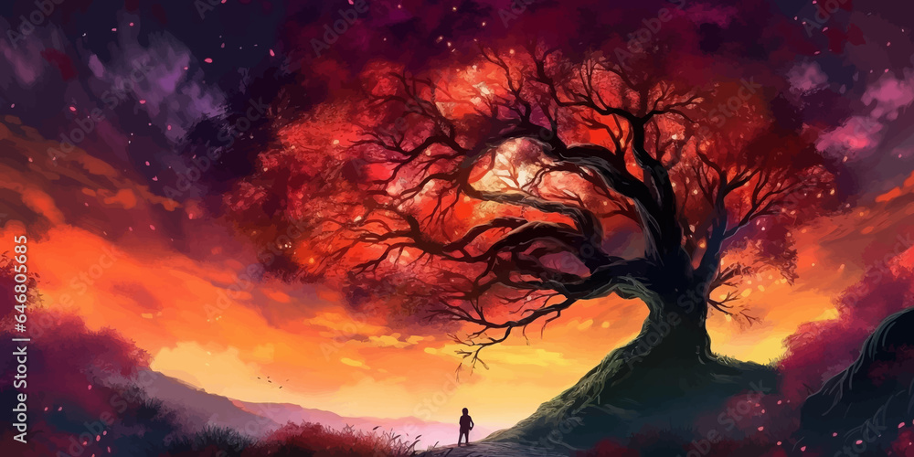 Man and magic old tree. Fantasy landscape with a magic tree and a man standing on a hill. Silhouette of a man on the background of a big tree. Sunset scene. Sunrise. Fairy tale. Vector illustration Man and magic old tree. Fantasy landscape with a magic tree and a man standing on a hill. Silhouette of a man on the background of a big tree. Sunset scene. Sunrise. Fairy tale. Vector illustration