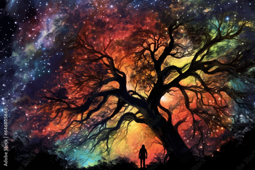 Man and magic old tree. Fantasy landscape with a magic tree and a man standing on a hill. Silhouette of a man on the background of a big tree. Sunset scene. Sunrise. Fairy tale. Vector illustration Man and magic old tree. Fantasy landscape with a magic tree and a man standing on a hill. Silhouette of a man on the background of a big tree. Sunset scene. Sunrise. Fairy tale. Vector illustration