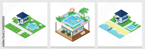 Set of isometric beaches with houses, people and boats. isometric bungalows of different sizes. Summer vacation at sea. Colorful image of summer fun. Vector set of backgrounds.