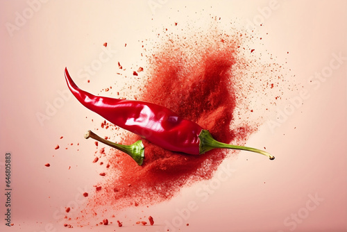 Homemade hot chili peppers and ground hot pepper on isolated pink beige background. Organic spices for healthy food. The concept of vegetable sources of capsaicin. photo