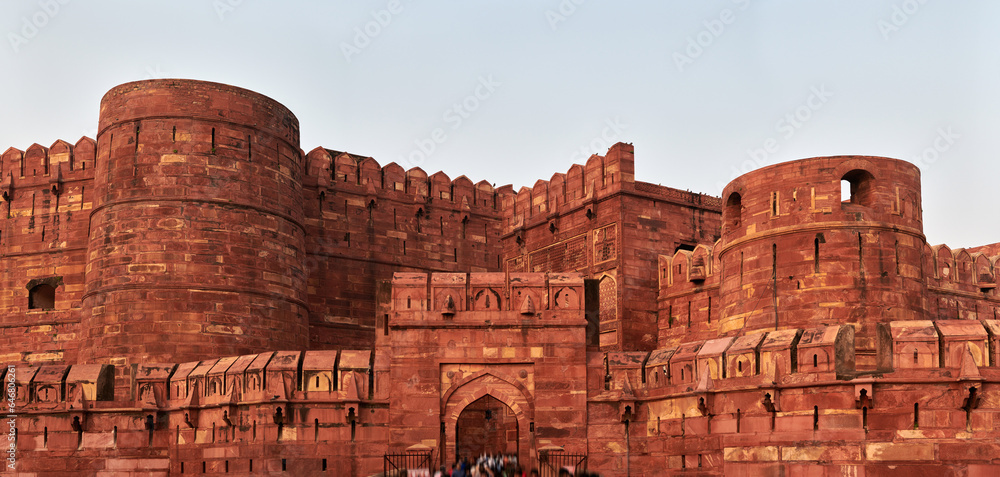Walls of Agra red fort in India, view from main entrance Amar Singh Gate to beautiful ancient building, red fort in Agra built of red sandstone, Lal Qila historical ancient building