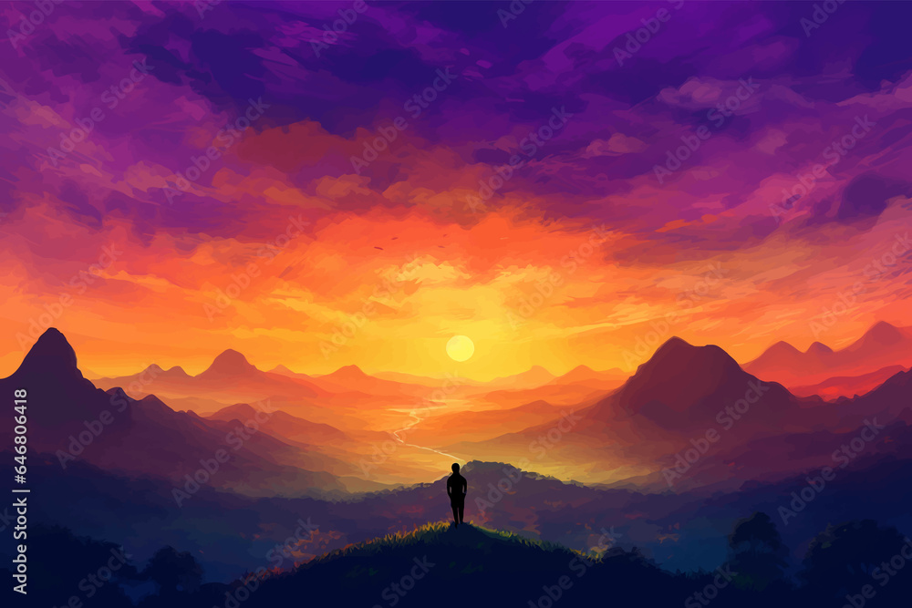 Silhouette of a man standing on top of a mountain and looking at the sunset. Fantastic Sunrise. Colorful starry sky. Fantasy alien planet. Mountain and man. Fantasy landscape. Vector illustration Silhouette of a man standing on top of a mountain and looking at the sunset. Fantastic Sunrise. Colorful starry sky. Fantasy alien planet. Mountain and man. Fantasy landscape. Vector illustration