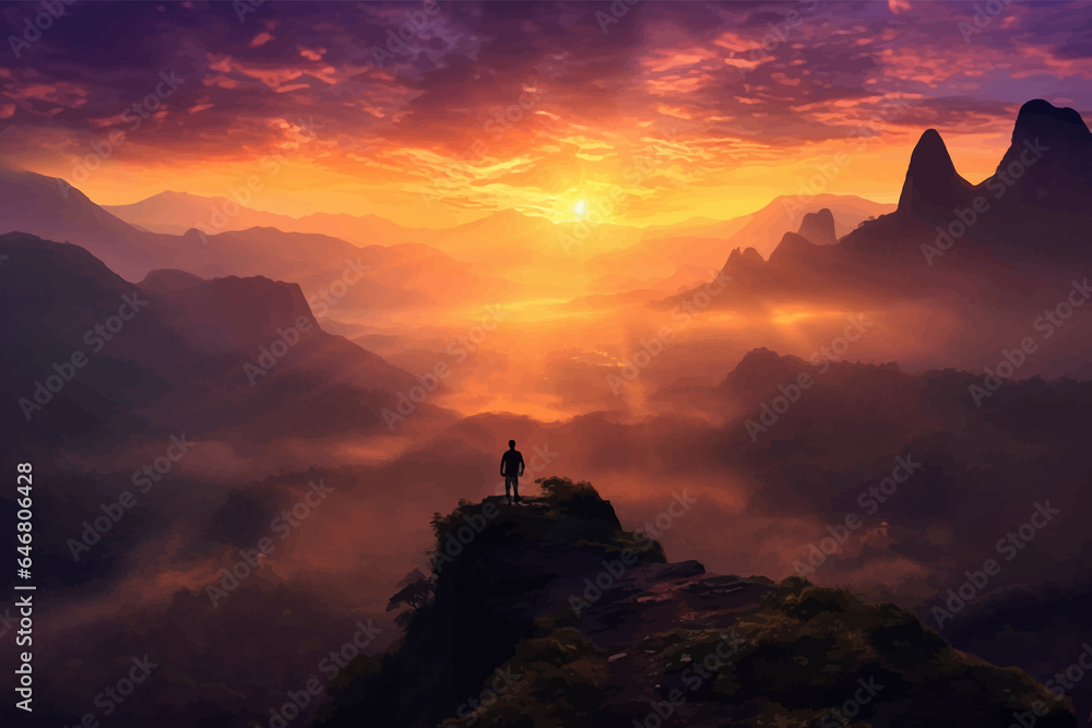 Silhouette of a man standing on top of a mountain and looking at the sunset. Fantastic Sunrise. Colorful starry sky. Fantasy alien planet. Mountain and man. Fantasy landscape. Vector illustration