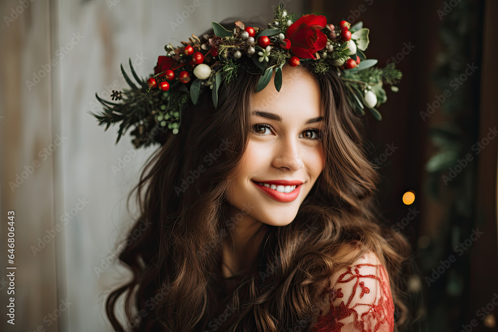 Young girl wearing a Christmas wreath Young girl wearing a Christmas wreath