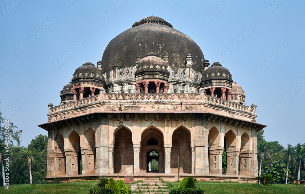 Muhammad Shah tomb in New Delhi Lodhi garden, India, ancient indian building mausoleum of Muhammad Shah with eight chhatri and gigantic dome, beautiful indian domed architecture temple