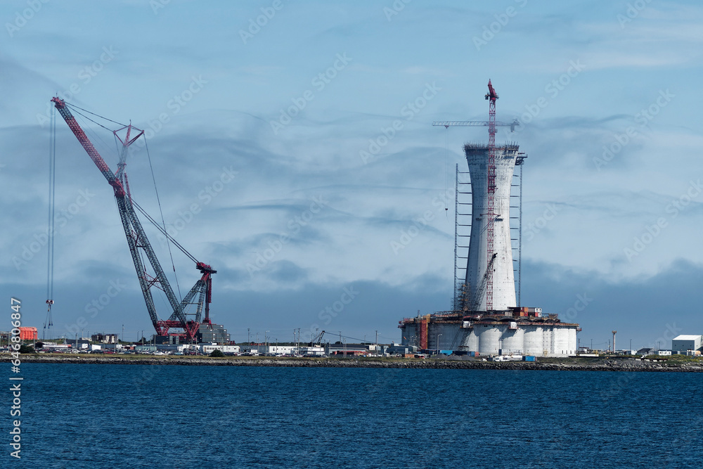 A gravity-based oil and gas platform under construction, Newfoundland and Labrador, Canada.