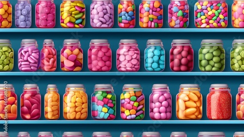 Jars of colorful candies in a candy shop market, ai generated