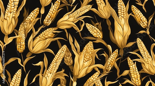 Wheat corn barley grain seamless texture on dark background, ai generated