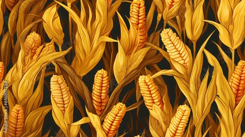Wheat corn barley grain seamless texture on dark background, ai generated