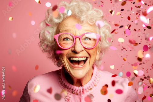 Cheerful and stylish senior woman celebrating with confetti falling over her against a pink background