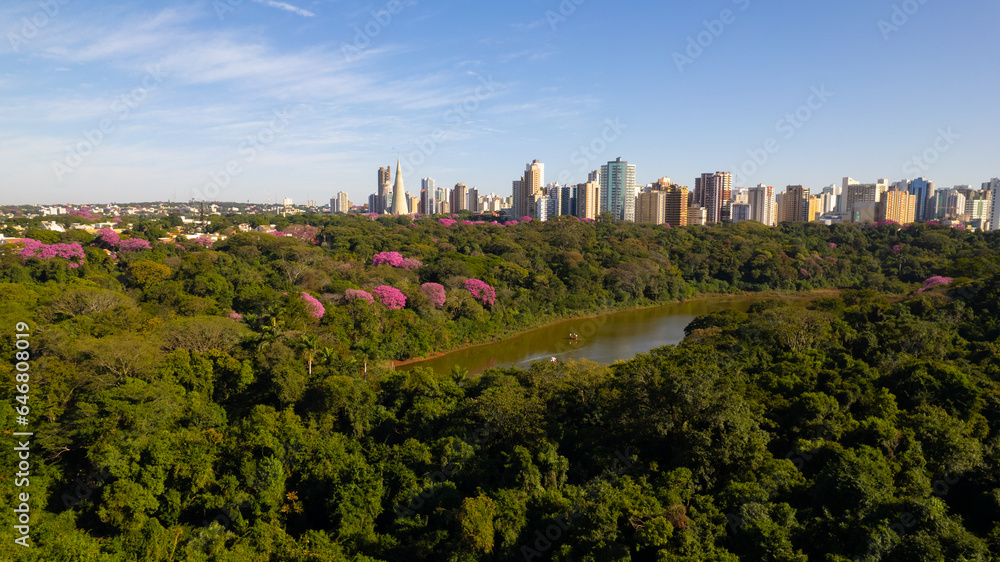 Maringá, vista aérea da cidade de maringá, paraná, brasil. Catedral de Maringá, Parque do Ingá.