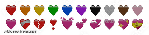 Blacked ut Heart Emojis set. Sparkling, growing, two Hearts, beating, revolving, broken, mending, heart exclamation, red, orange, yellow, green, blue, black, emoji.